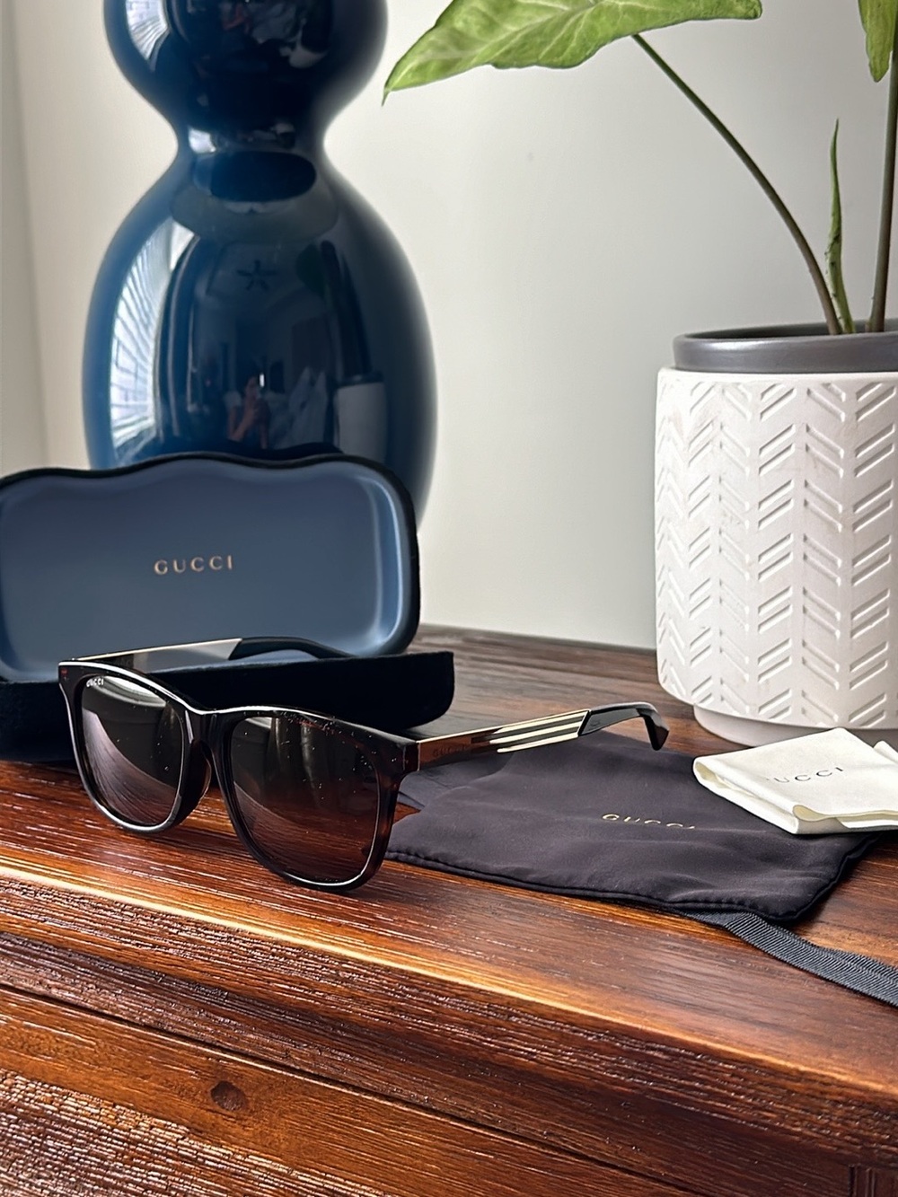 Gucci Black Brown Gradient Square Sunglasses with Gold Accents